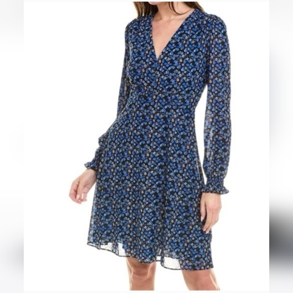 CABI Blue Floral Long Sleeve V-Neck mesh Knee Length  Fit & Flare Dress Sz M